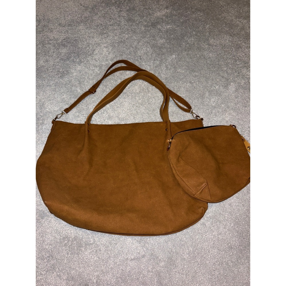 Large Tan Faux Suede Slouchy Tote Bag with Matching Pouch Crossbody‎ Strap